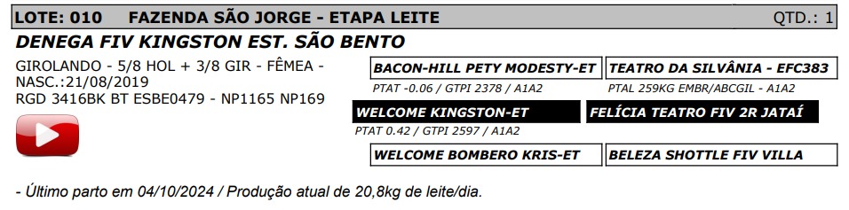 LOTE 10 - DENEGA FIV KINGSTON EST. SÃO BENTO - NP 169