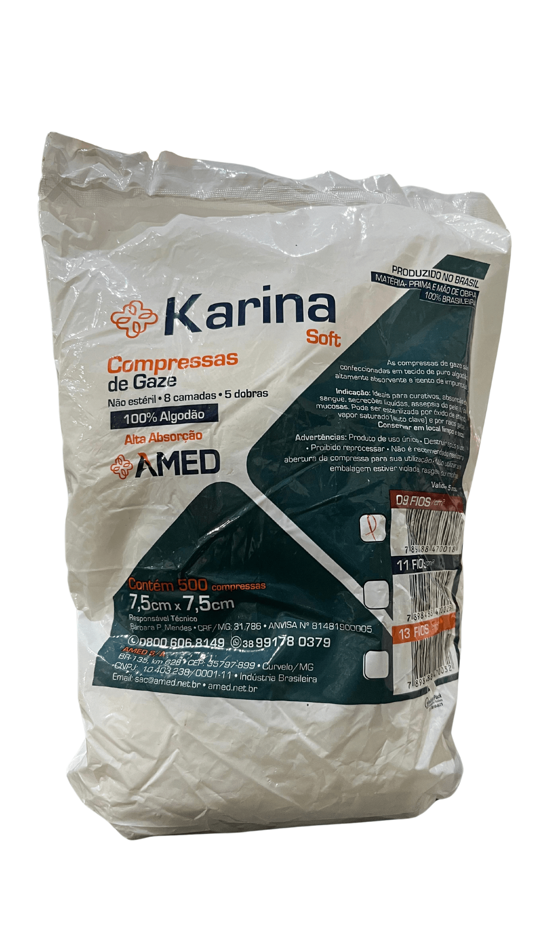 Gaze 9 Fios 7,5x7,5 100% Algodão 500un - Karina