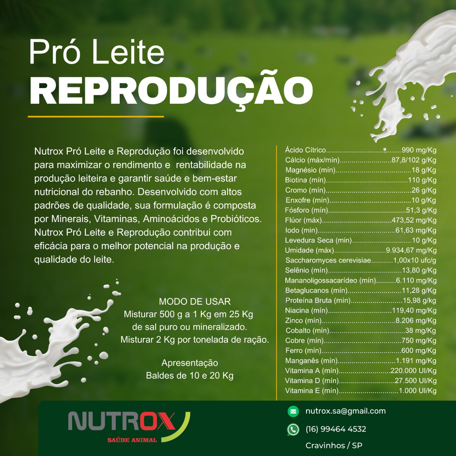 Suplemento Nutrox Pró Leite Reprodução para Gado Leiteiro