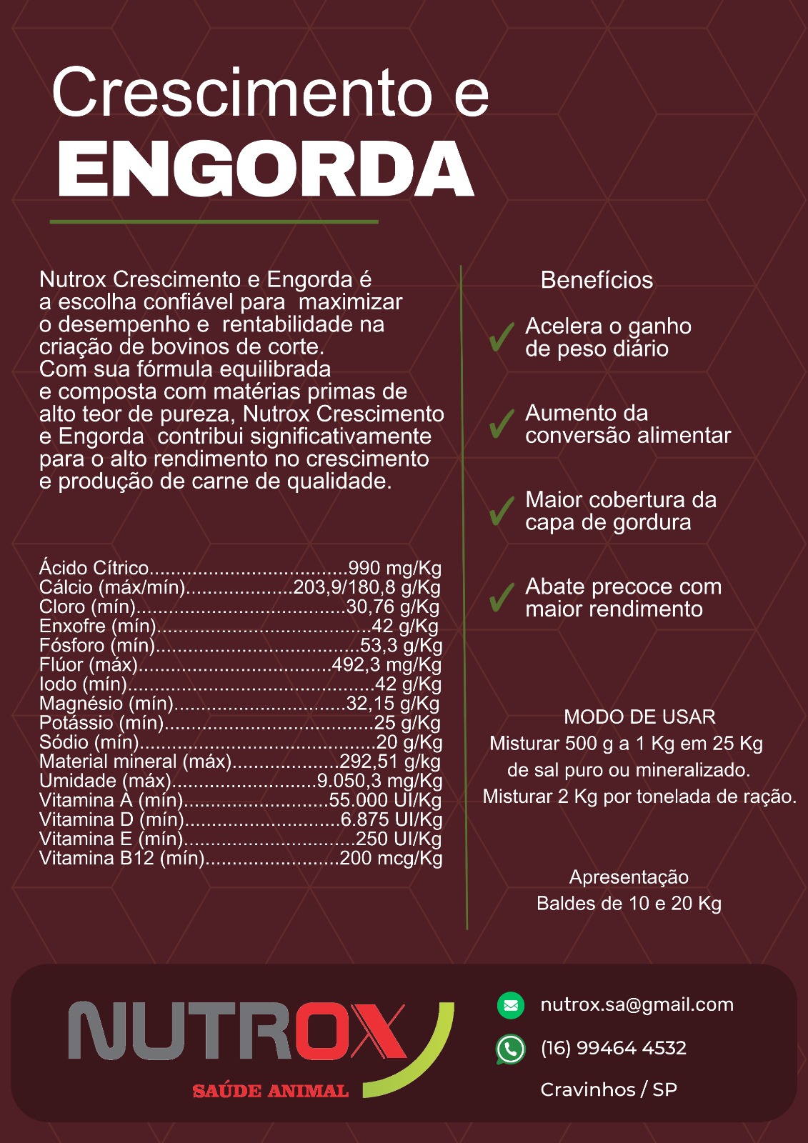 Suplemento Nutrox Crescimento e Engorda para Bovinos de Corte